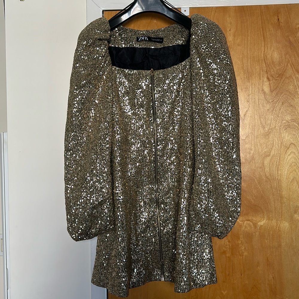 Zara Gold Sequin Mini Dress with Balloon Sleeves